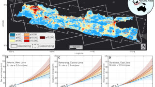 地盤沈下がジャワ島の洪水リスクを増大（Sinking land drives coastal flood risk on densely populated Java Island）