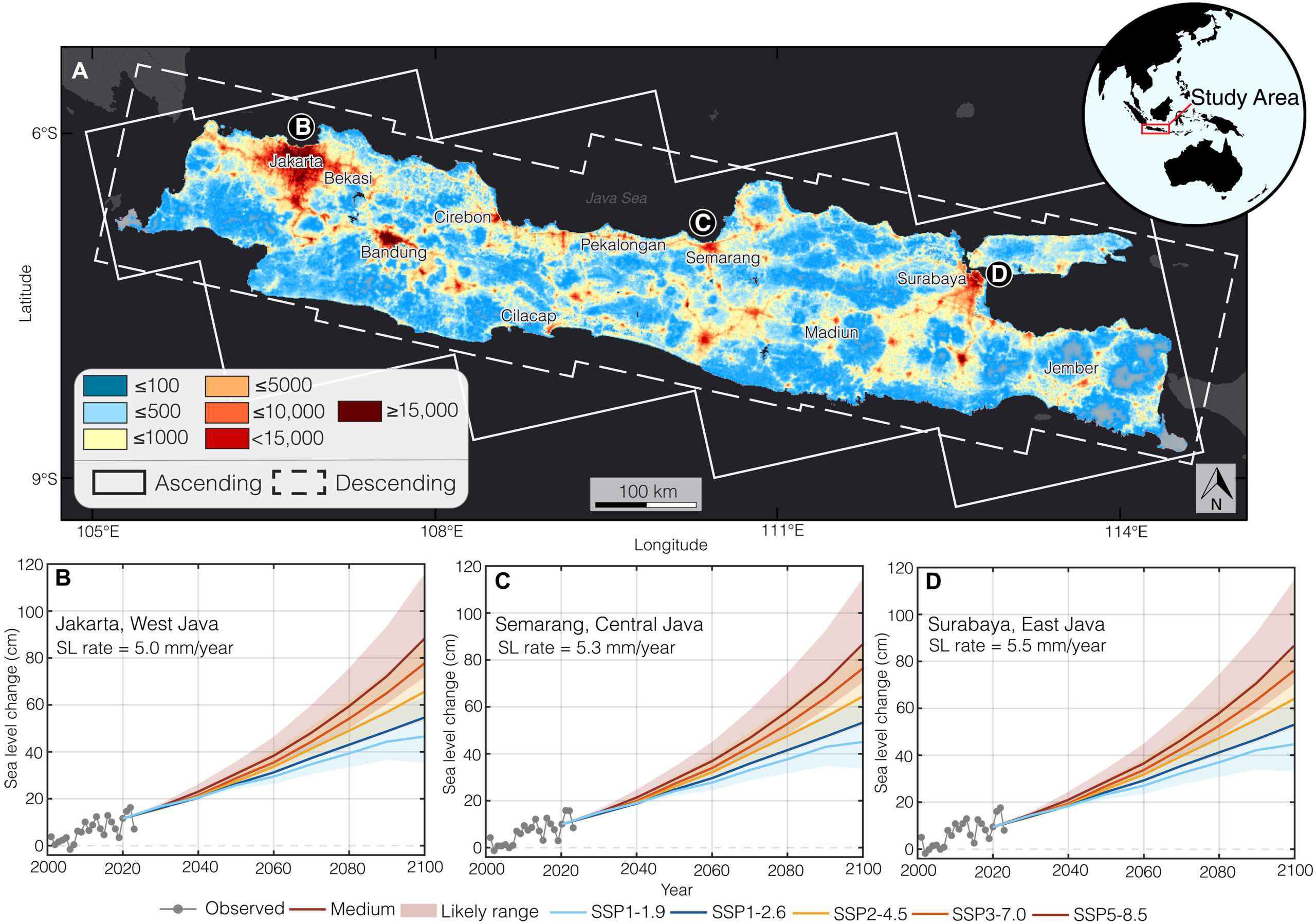 地盤沈下がジャワ島の洪水リスクを増大（Sinking land drives coastal flood risk on densely populated Java Island）
